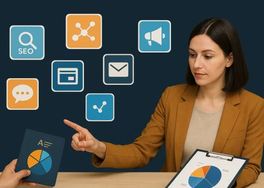 Professional digital marketing team planning strategies with laptops and charts